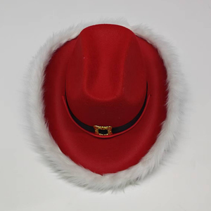Sombrero de Vaquero de Fieltro Rojo con Borde de Piel Blanca, Sombrero Festivo de Invierno Unisex para Adultos, Ideal para Fiestas Navideñas - Product Image 1