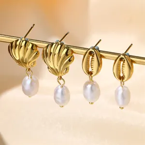 Pendientes Vintage de perlas de agua dulce chapados en oro de 18 quilates, Pendientes colgantes de concha, joyería para mujer