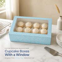 Caixa de Cupcake Personalizada com Janela para Padaria, Sobremesas, Cartão Dobrável Xadrez Azul e Branco, Atacado a Granel Direto da Fábrica