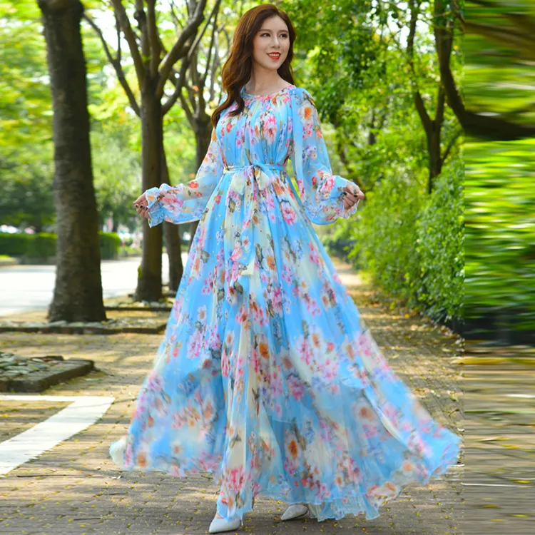 Dropshipping Wholesale Women's Chiffon Floral Print Party Maxi Dress Hawaii bangkok Dress vêtements Plus Sizes turquie clothes