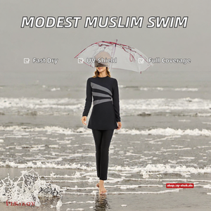 Maillots de bain modestes 3 pièces imprimés à coupe haute pour femmes musulmanes, anti-UV, Abaya islamique à manches longues et pantalon en Spandex/Polyester - Product Image 2