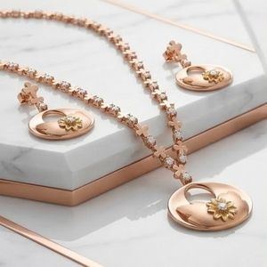 Rose Gold Floral 925 Silver Fine Pendant Necklace <b>Earrings</b> Set for Women <b>Crystal</b> <b>Studded</b> Chain Elegant Fashion Jewelry Party - Product Image 3