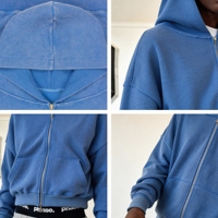 Sweat à capuche zippé streetwear brodé et vieilli, 100% coton gaufré double couche, premium, coupe oversize pour homme, effet délavé à l'acide