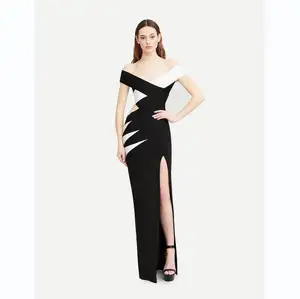 C3543 Western Style Off The Shoulder Sleeveless Contrast Bodycon Bandage Dress Elegant Evening Party Women Maxi Dress