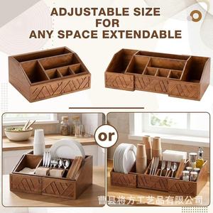 Boîte à couverts extensible en bois massif avec compartiments, porte-assiettes et porte-gobelets en papier jetables, rangement pour table à manger - Product Image 3