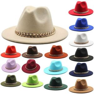 Wholesale Wide Brim Women Fedora Hats for Adults <b>Cheap</b> 27 Solid Colors Polyester Fedora Hats With <b>Chain</b> - Product Image 1