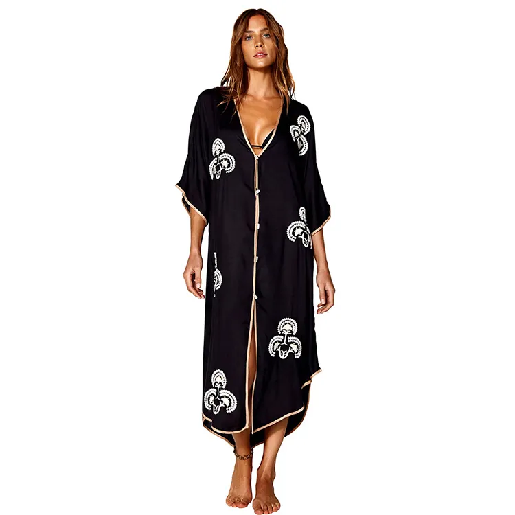 Kimono Dress Women Blouse Plus Size Woman Black Rayon Long Cover Ups