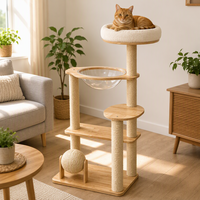 Arbre à chat multi-niveaux en chêne massif avec capsule spatiale en acrylique et boule à gratter rotative W3 133cm