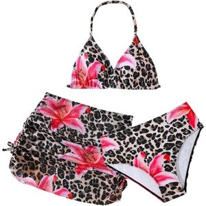 FOXA Ensemble bikini 3 pièces léopard pour fille, maillot de bain triangle à bretelles florales avec jupe de plage, extensible, en spandex et polyester - Product Image 1