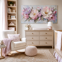 Peinture à l'huile abstraite romantique 3D texturée avec fleurs blanches, texture épaisse, peinte à la main, cadre en bois, art mural, taille personnalisée, œuvre d'art originale