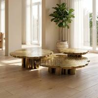 Ensemble de 3 tables basses en acier inoxydable doré gravé, sculpture en forme de souche d'arbre, table centrale pour salon de luxe, décoration d'hôtel