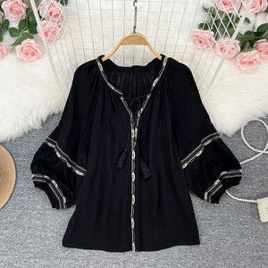 Kemeja Wanita Musim Gugur Bahan Katun Tebal Bordir Etnik Retro Lengan Bubble Model Longgar Dapat Dicuci Trendi Korea - Product Image 4