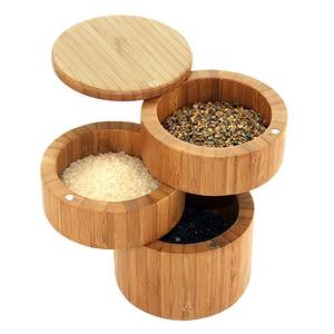 Boîte <span class=keywords><strong>à</strong></span> <span class=keywords><strong>sel</strong></span> triple en bambou OEM 2021, boîte de rangement en bambou <span class=keywords><strong>à</strong></span> trois niveaux avec couvercles pivotants magnétiques - Product Image 1