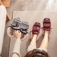 Chaussons d'intérieur pour femmes en tricot géométrique vintage, doublés de polaire douillets, chauds pour l'hiver, avec joli nœud décoratif et semelle antidérapante