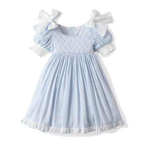 Robe d'été en coton et lin pour bébé fille, style anglais, coupe trapèze, manches bouffantes, col carré, perles unies, respirante et lavable, vente en gros - Product Image 1