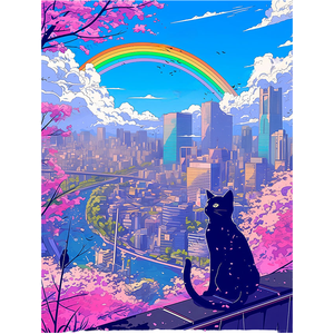 Kit de Arte de Diamantes con Diseño de Gato Observando la Ciudad, Paisaje Urbano Impreso, Arcoíris, Puntos Cuadrados de Resina, Pintura Mural - Product Image 1