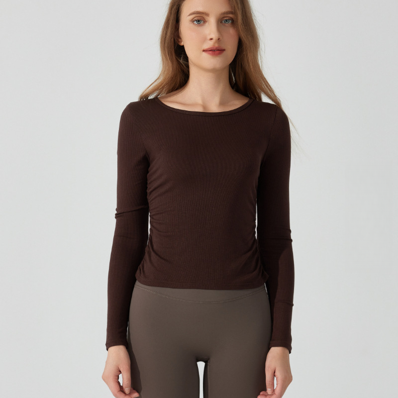 European American Women's Autumn Winter Yoga Sports Top Breathable Wrinkle-Resistant Barely There Ruched Skinny Fit Front