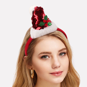 Christmas <b>Sequined</b> Santa Hat Headband With Pom Pom And Holly For Holiday Party Unisex Accessory - Product Image 3