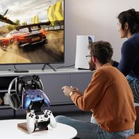 Support de manette en bois à 3 niveaux HEWYIOS compatible avec PS4 PS5 Switch Xbox - Bureau de jeu en bois marron