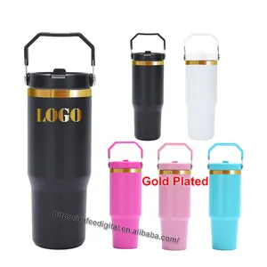 30oz 30 oz Laser Engraving Gold Plated Base Powder Coated Blanks Flip Straw Stainless Steel Tumbler Cup with Top Handle