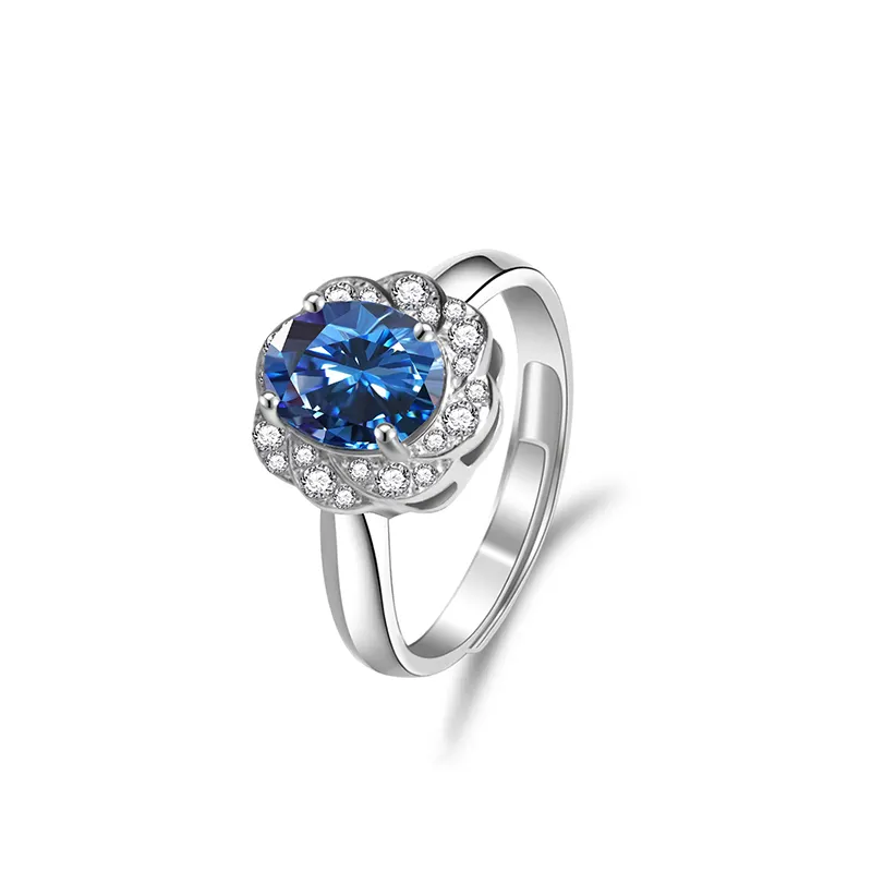 Ovaal Geslepen Saffierblauwe Moissaniet Diamanten Ring S925 Sterling Zilveren Stijlvolle Trendy Design Ring
