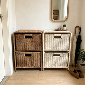 Panier de rangement en rotin tressé à 2 tiroirs, design écologique pour salle de bain, salon, entrée - Organisateur moderne pour vêtements et outils - Product Image 6
