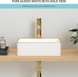Lavabo de baño de cerámica de porcelana blanca de 14,5 ''X 10,6'', lavabo de <span class=keywords><strong>tocador</strong></span> de recipiente pequeño, lavabo Rectangular, lavabo de mano <span class=keywords><strong>con</strong></span> adorno <span class=keywords><strong>dorado</strong></span> - Product Image 6