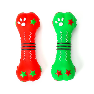 Fábrica al por mayor precio bajo plástico rojo verde masticar Molar cachorro juguetes interactivos en forma de hueso pata imprimir vinilo chirriante juguetes para perros - Product Image 1