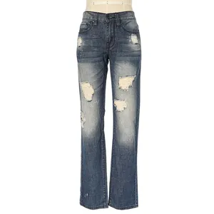 Custom New Best Quality Womens Clothing Alta Elastic Pants Buraco Rasgado Senhoras Calças De Cintura Alta Mulheres Flared Jeans