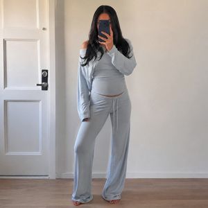 Women's Off Shoulder Long Sleeve Lounge Set Soft Stretch Two Piece Outfit Casual Drawstring Wide Leg Pants Matching Set - Product Image 5