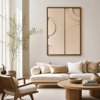 Décoration murale LED beige crème, art mural géométrique minimaliste neutre avec lumière chaude, toile texturée jaune blanc doux