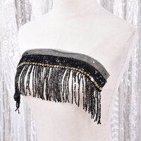 Cinta de encaje con flecos de borlas de lentejuelas brillantes y cuentas, tamaño personalizado, con base de malla, para vestido de baile y atuendo de noche