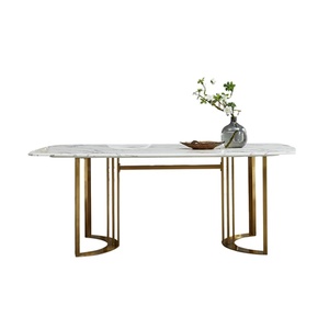 Foshan-<span class=keywords><strong>mesas</strong></span> y sillas de comedor para hotel, tamaño personalizado, pata de acero inoxidable dorada, mesa de comedor superior de mármol <span class=keywords><strong>blanco</strong></span> - Product Image 1
