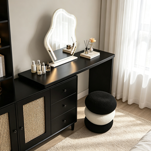 Modern Black Makeup <b>Vanity</b> With Rattan Cabinet Drawers Lighted <b>Mirror</b> And Stool Bedroom <b>Dressing</b> <b>Table</b> - Product Image 3