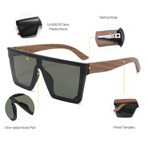 Lunettes de soleil carrées à monture large Conchen, branches en bois noir, protection UV400, unisexe, tendance - Product Image 3