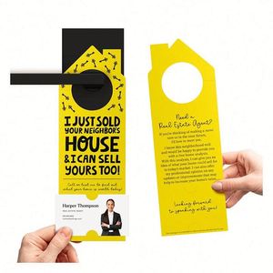Tarjetas de presentación personalizadas para agentes inmobiliarios, impresión en cartón, colgadores de puerta con la frase 'Acabé de vender la casa de tu vecino' - Product Image 1