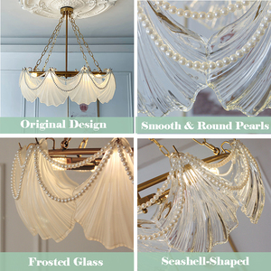 Lustres en verre personnalisés AC110V AC220V, corps en fer plaqué cuivre, luminaire suspendu LED E14, coque en verre transparent en forme de coquille - Product Image 5