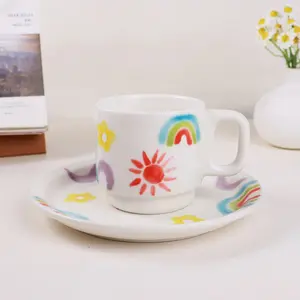 Ins dibujado a mano Graffiti Rainbow Taza de cerámica apilada Dibujos animados Agua Té Leche Taza de café