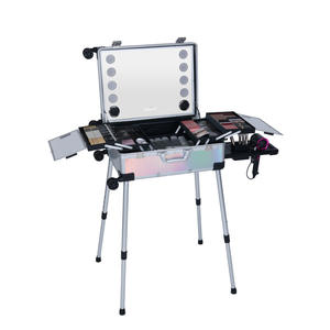 Valise de maquillage Qihui 24 pouces avec support lumineux caché, chariot métallique, boîte de maquillage professionnelle pour rangement à domicile - Product Image 4