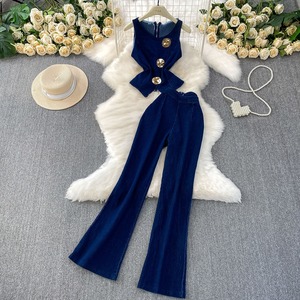 Ensemble gilet en jean taille haute et pantalon large pour femme, avec boutons métalliques de qualité supérieure, idéal pour l'automne - Product Image 2