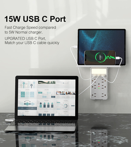 Prolunga dello sbocco del <span class=keywords><strong>caricatore</strong></span> 6 della parete dell'incavo di USB dello scaffale dell'adattatore del protettore di impulso della spina di Wontravel USB-C con luce notturna - Product Image 2