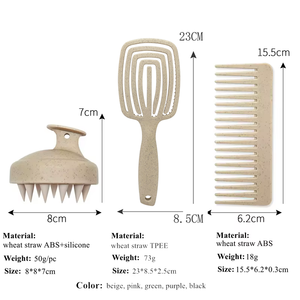 Juego de 3 cepillos desenredantes ecológicos de paja de trigo, cepillo masajeador para el cuero cabelludo, cepillo para champú, peine de dientes anchos, cepillo para cabello húmedo y seco. - Product Image 2
