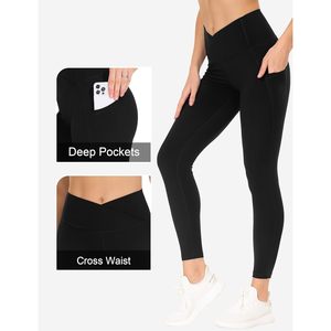 FOXA Leggings de yoga de cintura alta para mujer con bolsillos, pantalones deportivos con control de abdomen, color negro - Product Image 4