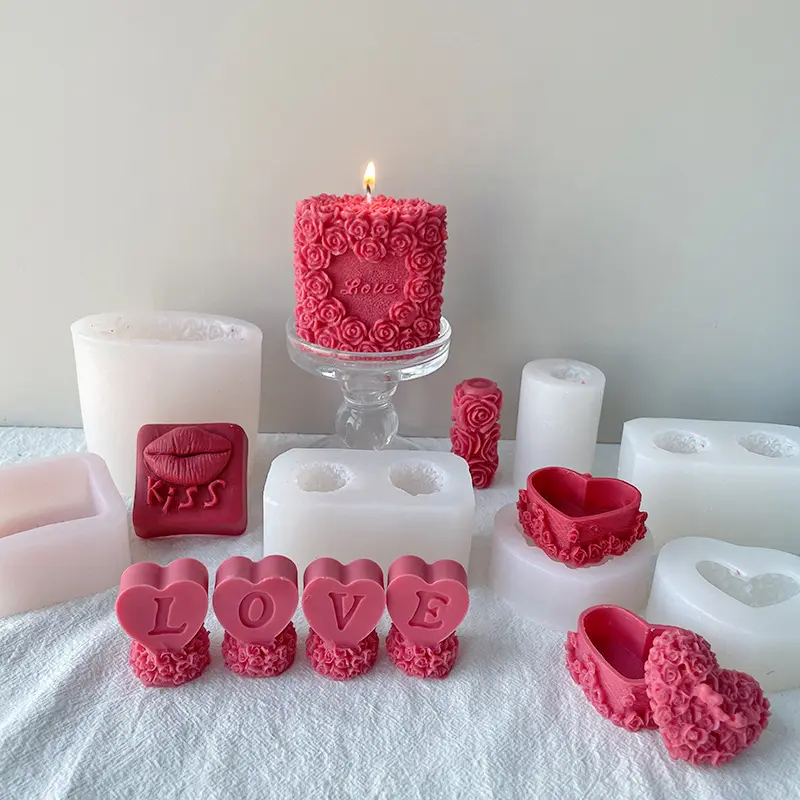 Desain baru Hari Valentine cinta merah bibir mawar silinder beraroma lilin grosir cetakan lilin silikon