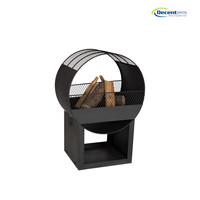 Brasero en fer semi-circulaire robuste avec grille de protection et base de rangement en bois pour patio extérieur, jardin et camping