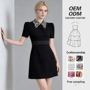 맞춤형 피터팬 칼라 하이웨이스트 미디 길이 A라인 블랙 드레스, 여성용 여름 허리 조절 가능한 라인스톤 비딩 디자인 - Product Image 1