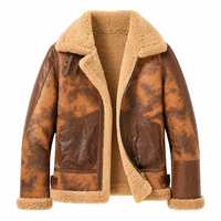 Blouson Rétro en Cuir Délavé pour Homme, Doublure Polaire Effet Peau de Mouton, Manteau Moto Biker, Veste Aviateur Marron Vieilli