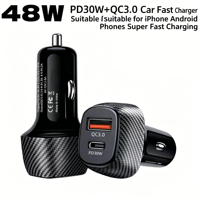 Pengisi Daya Mobil Tekstur Serat 48W PD + QC3.0 Adaptor Pemantik Mobil Pengisian Cepat Port Ganda 2-in-1 USB C untuk iPhone Android