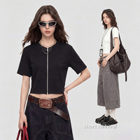 T-shirt court zippé tendance pour femme, 220g, en coton stretch, coupe ajustée, style universitaire, manches courtes, polyvalent, streetwear