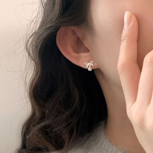 S925 Sterling Silver Frosted Matte Bow <b>Pearl</b> <b>Earrings</b> Sweet Exquisite and Compact High-End Design for Commuting - Product Image 1